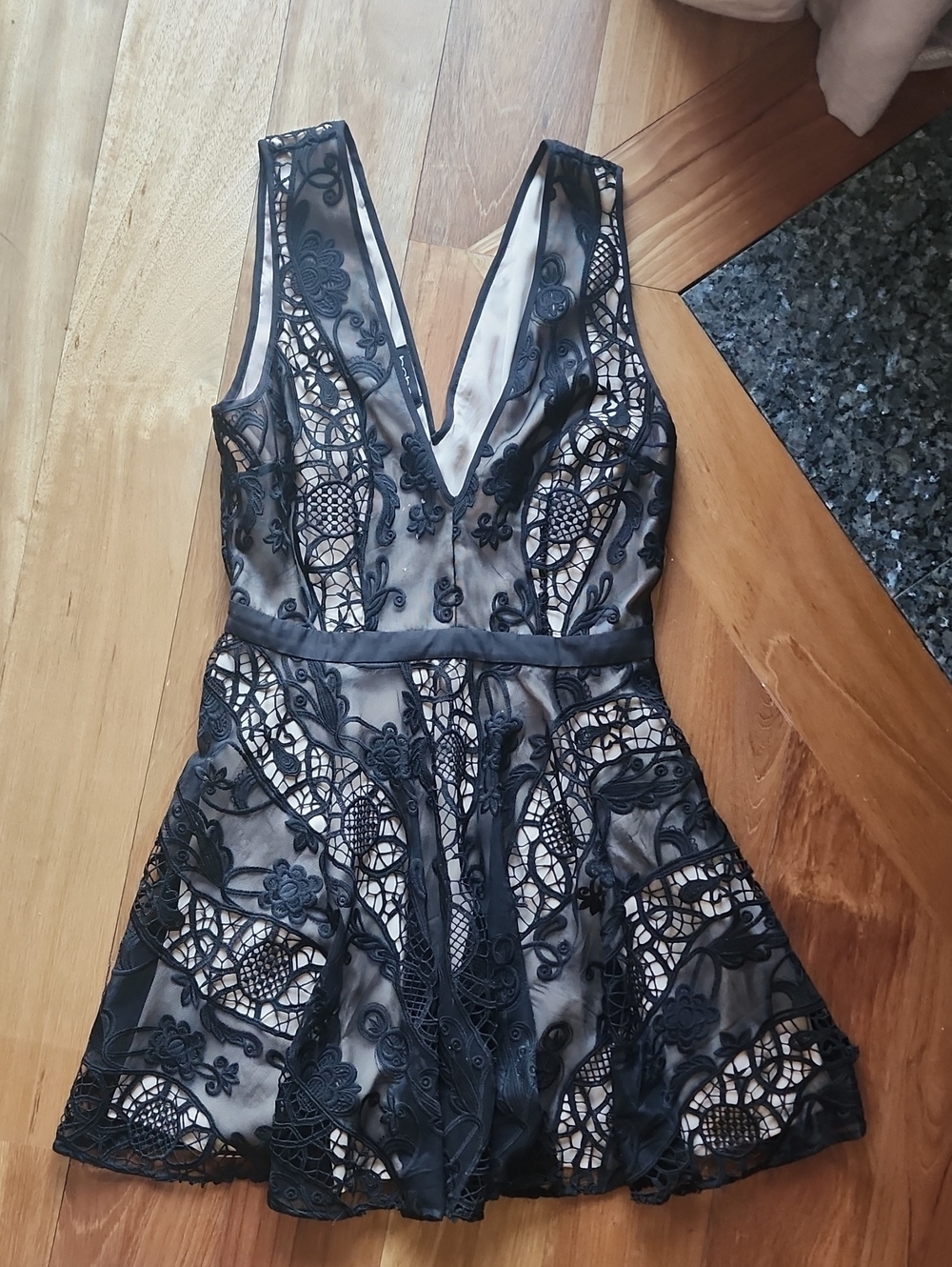 bebe Black Lace Plunge V-Neck Mini Dress